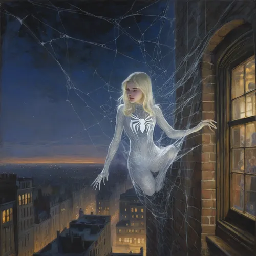Gwen stacy as ghost spider,the snow queen,rapunzel,spider silk,mood cobwebs,mystical portrait of a girl,spider's web,spiderweb,the girl in nightie,fantasy picture,cobweb,ghost catcher,ghost girl,fanta