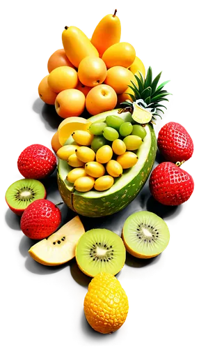 Colorful fruits, still life, assorted varieties, apples, bananas, oranges, grapes, strawberries, watermelon, pineapple, peaches, kiwi, realistic textures, shiny surfaces, subtle shadows, soft lighting