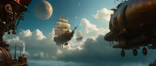 backdrop of  elements of surrealism and photorealism, by. Steampunk Sky Pirates Depict airships and sky bound adventurers in a world of gears and steam.,three ships floating in the sky near other plan