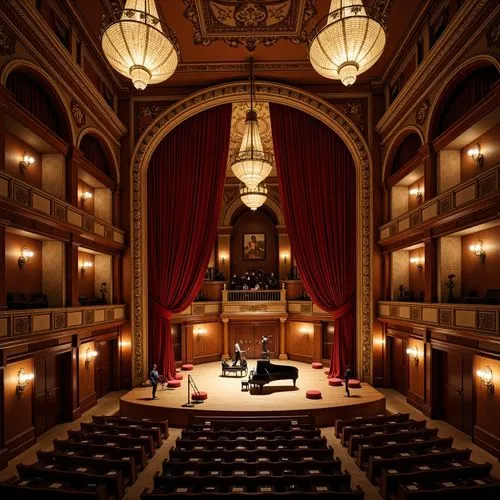 Intimate concert hall, ornate chandeliers, rich wood paneling, plush red velvet curtains, grand pianos, elegant balconies, soft warm lighting, subtle shadows, sophisticated sound systems, premium acou