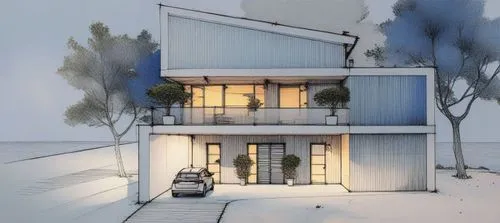 a large house with two floors and windows on the second story,modern house,prefab,inverted cottage,residential house,house with lake,mid century house