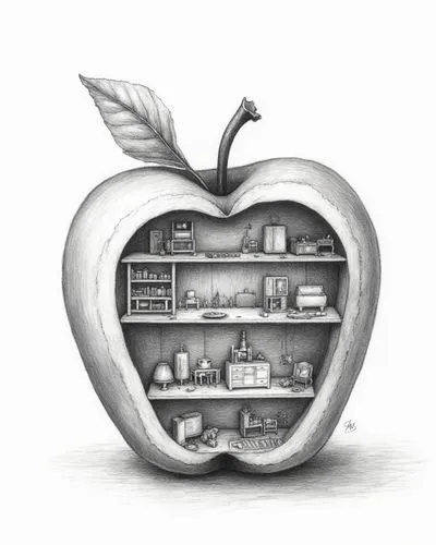 The image presents a detailed, hand-drawn illustration of an apple that has been meticulously divided into multiple sections to reveal a miniature house within. Each section of the apple is intricatel