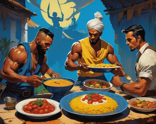 a blue plate of curry with yellow rice, tomato salad and naan bread,punjabi cuisine,indian cuisine,cooking book cover,indian food,sadhus,rajasthani cuisine,bahian cuisine,orientalism,indian art,paella