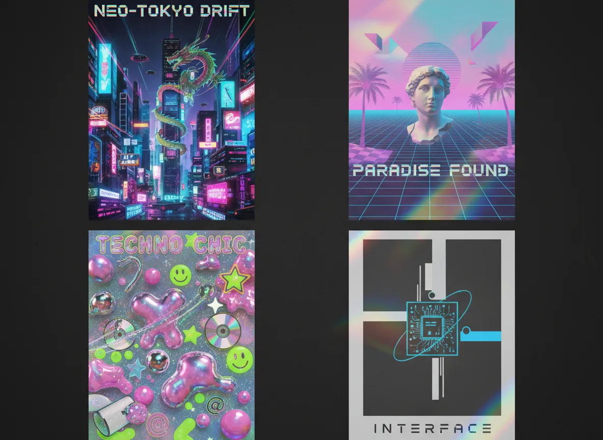 Una griglia di quattro poster diversi, ognuno con un effetto olografico applicato a uno stile differente: cyberpunk, vaporwave, Y2K e tech minimalista.