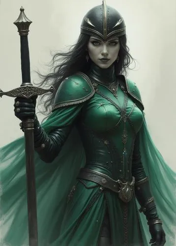 In the midst of a fierce battle, a regal female elf barbarian with black hair. She wears a sleek black helmet adorned with a filigree metal threads, showcasing her armor. Her body is coated in a vast,