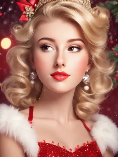 Beautiful blonde in real-life Elvgren pin-up style, Xmas-themed showgirl, red, holly, snow, rhinestones, sparkles, blinging, photorealistic,pin up christmas girl,christmas pin up girl,retro christmas 