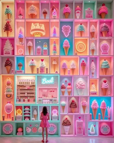 there is a little girl looking at a candy shop,candy shop,doll kitchen,candy store,soap shop,perfume bottles,toy store,soda shop,doll house,ice cream shop,dollhouses,toyshop,dolls houses,bakeshop,ice 