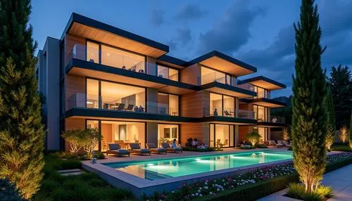 A modern multi-residential building with three to four stories, featuring sleek, minimalist architectural design. The facade is characterized by large glass windows, warm ambient lighting, and wooden 