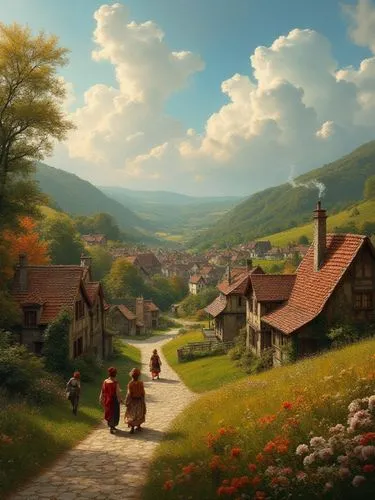 The screen opens to a picturesque village nestled amidst rolling hills and colorful meadows. We see quaint houses with smoke curling from chimneys and children playing in the streets, dynamic dramatic