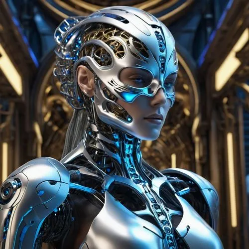 The Mythical Warrior. A labyrinth of microscopic machinery—neural filigree, fractal joints, and chrome veins pulsing with data. Every surface reveals nested gears, holographic HUD scars, and biomechan