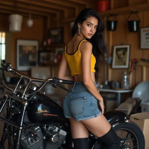 The image shows a young woman posing with a motorcycle in what appears to be a wooden garage or workshop. She is wearing a yellow crop top with black trim, high-waisted denim shorts, and tall black bo