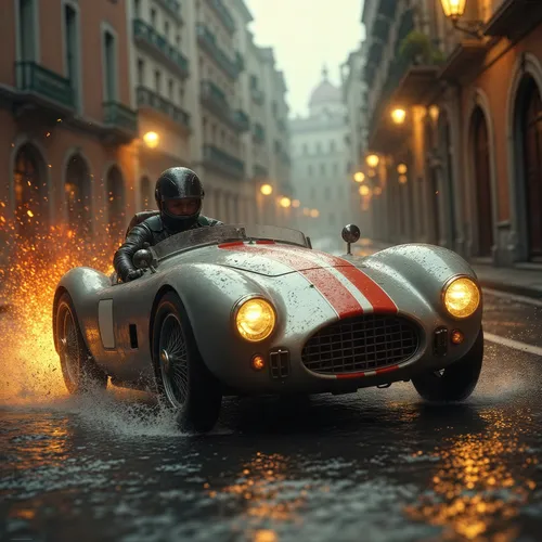 A dynamic, photorealistic digital illustration or CGI render of a vintage, mid-20th-century open-top race car, such as an Aston Martin or Maserati, speeding through a wet, narrow urban street in a Eur