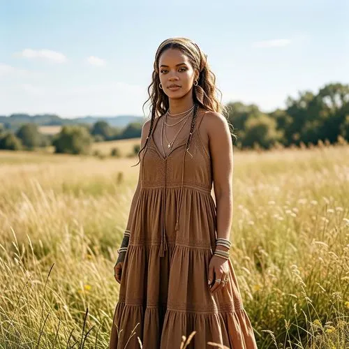 8k, best quality, ultra high-res photo of a beautiful singer Rihanna wearing brown sundress, gipsy style, hipster, bohemian, outdoor open field background, bright sunny day, subtle makeup, intricate e