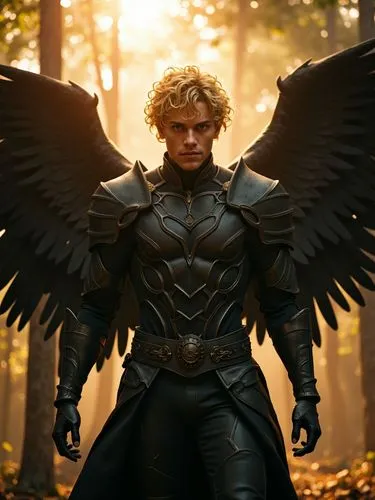 A celestial figure with angelic yet dark aesthetics, a male character with curly blonde hair glowing under warm sunlight, dressed in intricate black armor with gothic details, majestic black wings spr