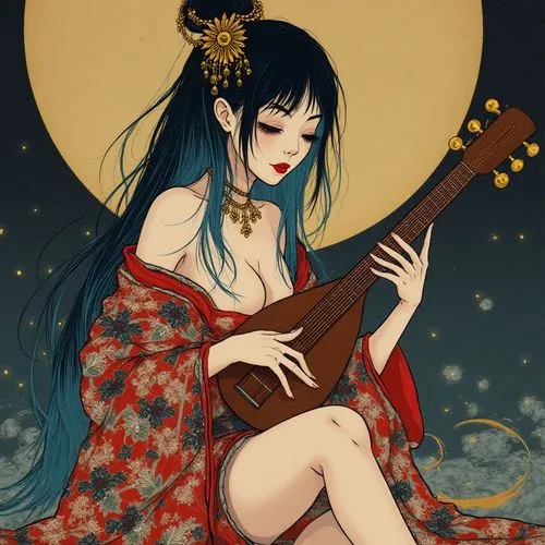 a painting of a woman with long hair sitting down,strumming,constellation lyre,geisha girl,guitar,stringed instrument,dulcimer,oriental girl,oriental princess,string instrument,painted guitar,playing 