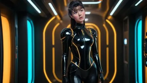 ДЕВУШКА
красочный и высокодетализированный футуристический интерьер корабля-носителя из черного прометия, подчеркивающий роскошную спальню человека-андроида на корабле-носителе, системы автоматизации 