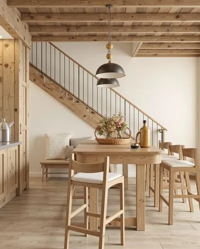 Create a rustic yet modern dining area with exposed wooden beams on the ceiling, a long wooden table surrounded by sleek high chairs. Include a warm golden pendant light above the table and natural fl