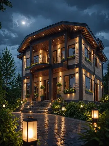a large house is lit up at night with candles,beautiful home,luxury home,mansion,luxury property,house in the mountains,holiday villa,chalet,two story house,country estate,wooden house,traditional hou