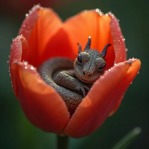A tiny dragon curled up asleep inside a blooming tulip, iridescent scales catching the light, macro photography, National Geographic style, dew-kissed petals,a black and brown frog sits in the center 