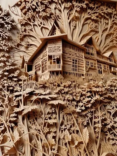 Дом на холме, резьба по дереву,an intricate carved panel of houses surrounded by trees and flowers,wood carving,woodcarving,wood art,carved wood,wood skeleton,paper art