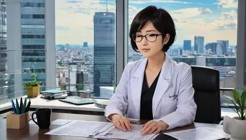 Modern office interior, mature lady, researcher, (30yo), short hair, glasses, minimal makeup, white lab coat, black trousers, loafers, sitting, desk, laptop, papers, pens, coffee cup, bookshelf, windo