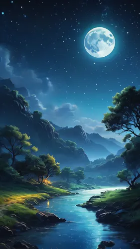 A painting of a river with stars and moon in the sky, concept art inspired by Tosa Mitsuoki, pixiv contest winner, best quality, fantasy art, beautiful anime scene, a bright moon, moonlit starry envir