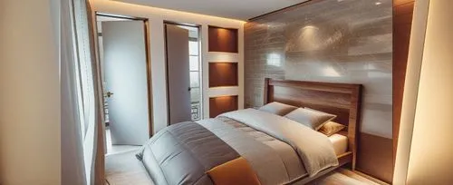 there is a made bed and a window in the bedroom,staterooms,stateroom,luxury bathroom,walk-in closet,guestrooms,sleeping room,interior decoration,spaceship interior,guest room,hinged doors,metallic doo