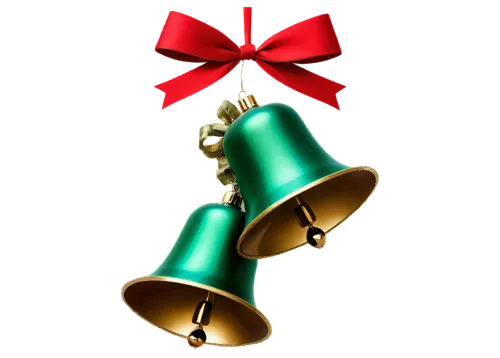 Christmas bells, golden decorations, red and green ornaments, shiny surface, intricate details, hanging from above, festive atmosphere, soft warm lighting, blurred background, 3/4 composition, macro s