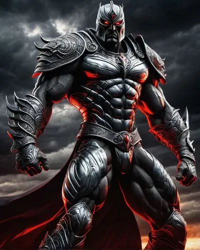 Muscular man, fearless warrior, full-body armor, metallic silver, intricate engravings, glowing red eyes, sharp claws, imposing physique, powerful stance, dark background, ominous clouds, intense ligh