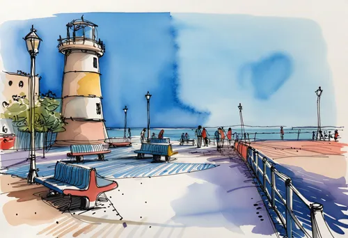 a drawing of a lighthouse next to a large body of water,lighthouses,electric lighthouse,red lighthouse,lighthouse,watercolor,watercolor sketch,watercolor blue,light house,the pier,watercolor painting,