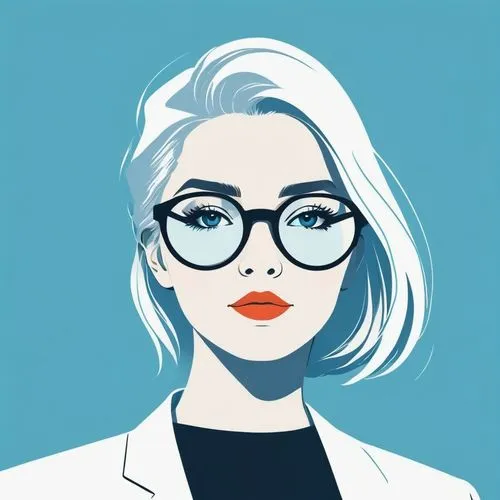 a white haired girl with black rimmed glasses, clean blue background,minimalism, trend illustration,graphic illustration,,vector illustration,fashion vector,vector art,vector girl,vector graphic,retro