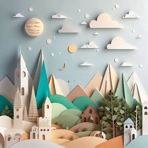a paper cut landscape of houses, trees and clouds,paper art,cardboard background,book wallpaper,paper background,background design,background vector