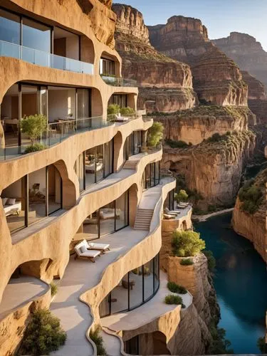 A series of terraced apartments carved into the walls of a canyon, with glass walls offering breathtaking views of the landscape below. The apartments are built into natural rock formations, with open