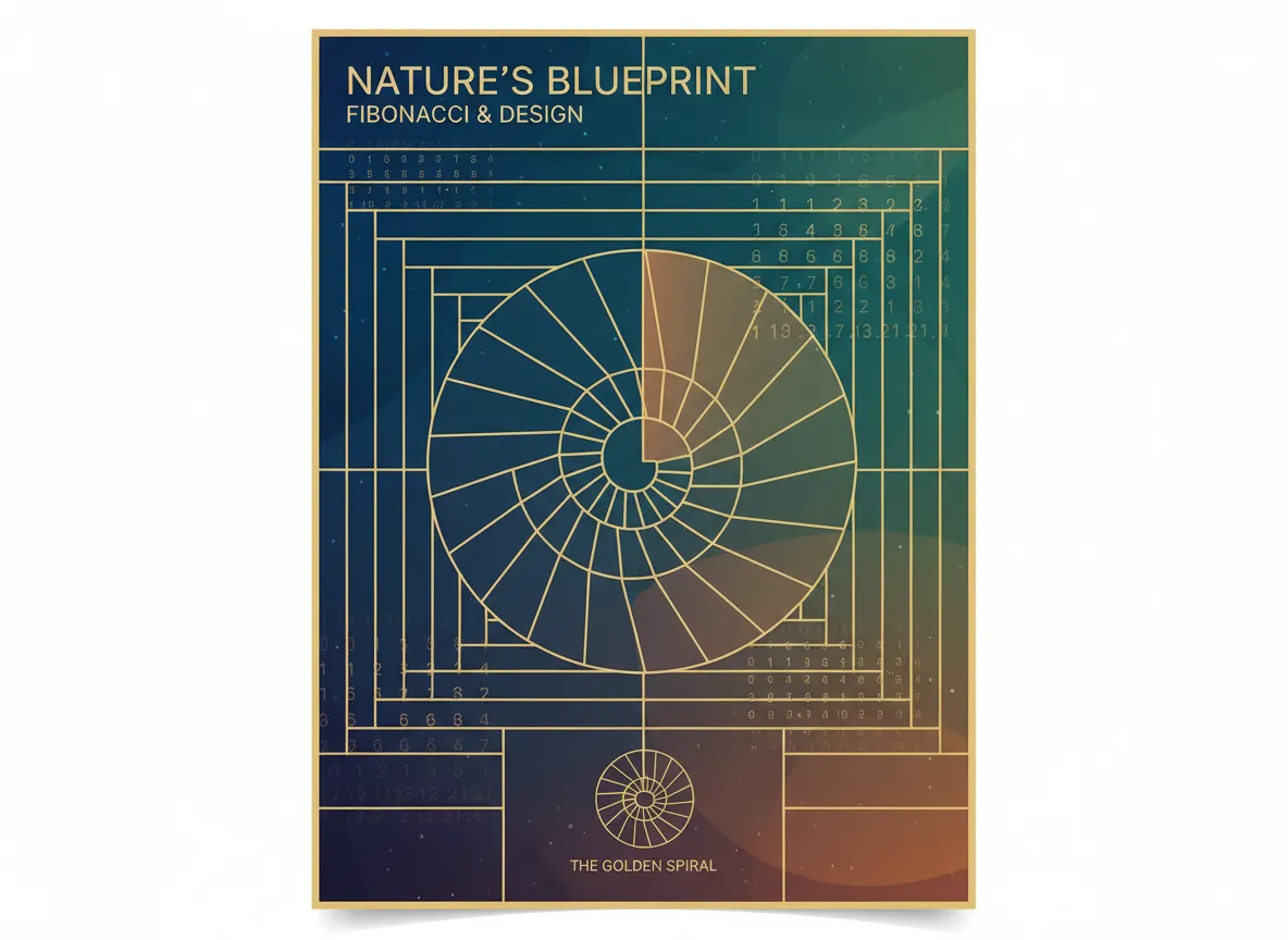 एक दृश्यात्मक रूप से अमूर्त छवि जो एक नॉटिलस शंख को एक पोस्टर लेआउट की ज्यामितीय रेखाओं के साथ मिलाती है, जो प्रकृति और डिज़ाइन में फिबोनैकी अनुक्रम के बीच की कड़ी का प्रतीक है।