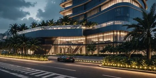 there are many buildings with lights in each of them,residential tower,pan pacific hotel,penthouses,glass facade,futuristic architecture,modern architecture,hotel complex,high rise building,residentia
