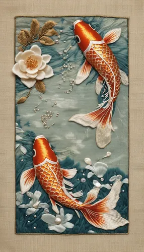 two (embroidery texture koi fish made by threads:1.3) swimming in a pond of water, Chinese embroidery, (Su embroidery art: 1.2), mother of pearl, beads, gold thread, small pearl string embellishment, 