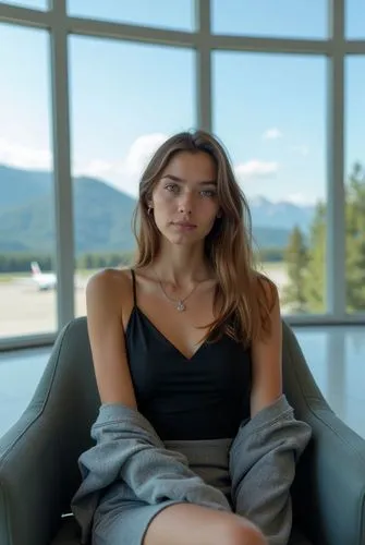 a photograph of a beautiful Caucasian young woman, 24 years old, with long brown hair, wearing a sleeveless black top with a neckline and a gray jacket with a gray skirt, she is seated in a chair with