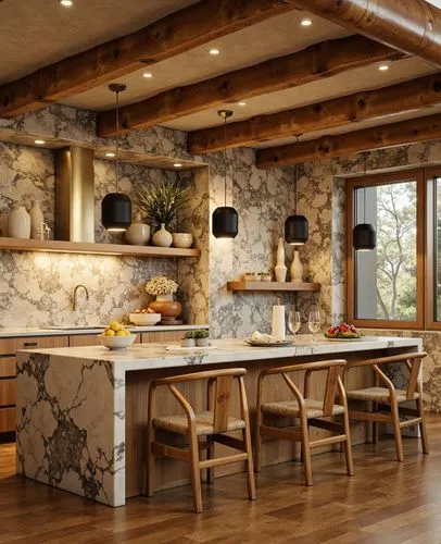 Rustic, Exposed wooden beams, Textured stone walls, Warm marble countertops, Natural wood cabinetry, Neutral earthy tones, Organic materials, Subtle brass accents, Inviting, by Studio McGee,an elegant