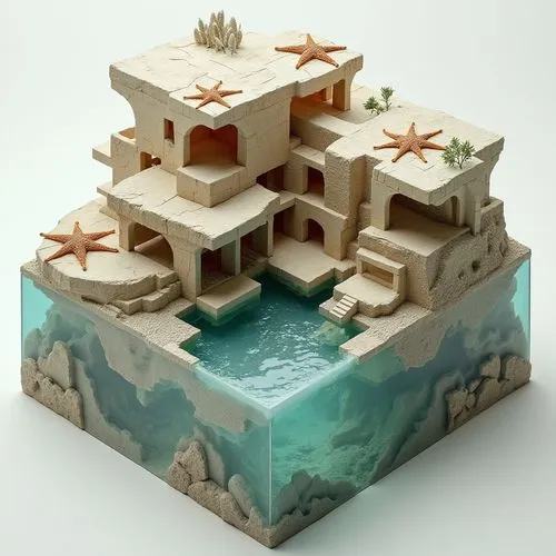 Complex axonometric architectural model with cube proportions incorporating abstract organic shapes, marine silhouettes (ex. starfish), subtle organic textures. Natural beige geologic masses and multi