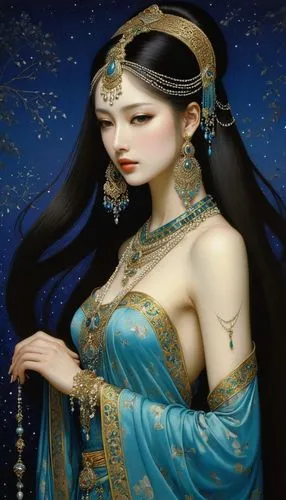 night, very long hair, with jewelry, thin narrow waist, Arabian palace,a young woman wearing traditional asian clothing,kommuna,oriental princess,sheherazade,scheherazade,cleopatra,diaochan,Illustrati