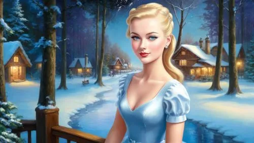Romantic masterpiece oil painting, cute girl portrait, nostalgic 1950's style kitsch, breathtaking beautiful winter forest landscape, majestic fantasy scenery, evening lighting, highly detailed highre