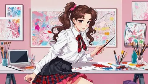 Lolita creator, beautiful detailed eyes, pale skin, curly brown hair, pink ribbon tied in ponytail, white blouse, red tie, plaid skirt, black stockings, Mary Jane shoes, holding a paintbrush, standing