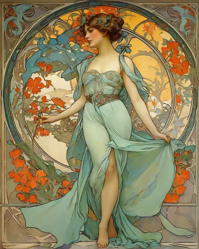 full body girl in painting,mucha,alfons mucha,art nouveau,art nouveau design,art nouveau frame,venus,art nouveau frames,flora,fantasia,girl in a wreath,andromeda,rusalka,the sleeping rose,1905,secret 