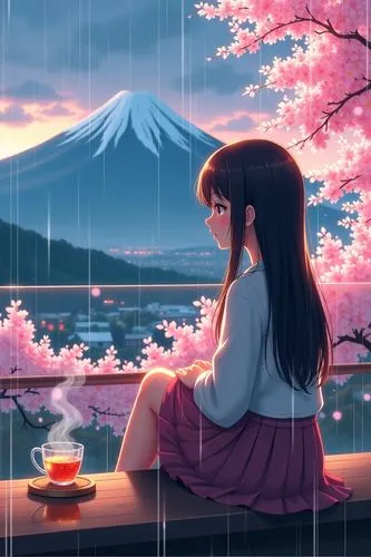 a cartoon style, a woman with long hair and a small glass of tea sits on a coaster on the balcony ledge during a rainy day, there is steam going out from the cup, with droplets of rain visible on the 