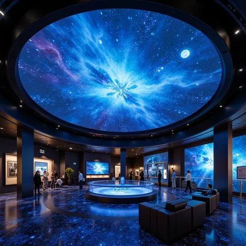 Cosmic planetarium interior, dark blue ambiance, starry night sky projection, glowing nebulae, soft luminescent flooring, LED constellation patterns, fibre optic starlights, futuristic dome-shaped cei