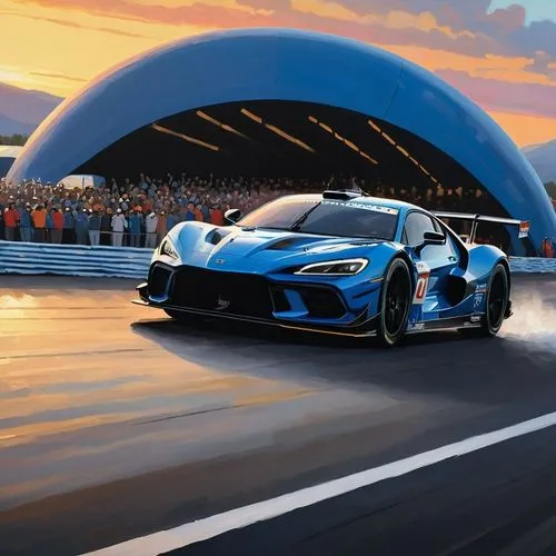 A majestic oil painting of a high-performance sports vehicle in a rally, featuring a vibrant blue and black sports car alongside a row of vehicles on the track. The vehicle's aerodynamic design is out