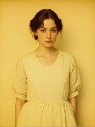 Mary Ward,a woman is standing with a yellow wall,maidservant,milkmaid,tuppence,white lady,miniaturist,chambermaid,vintage female portrait,vintage woman,harmlessness,the girl in nightie,portrait of a g
