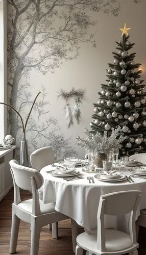 A cultural Christmas wallpaper featuring festive table settings, styled with monochrome tones, evoking a festive and cheerful atmosphere.,a room with a table and chairs near a christmas tree,christmas