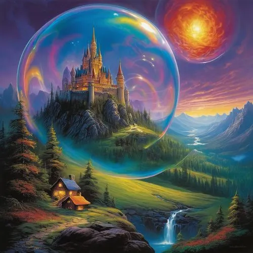 a big colorful bubble showing a kid's dream: Castle in the mountains,a painting of a castle in the sky,fantasy picture,fantasy landscape,fantasy world,3d fantasy,wonderlands,fantasy art,fairy tale cas