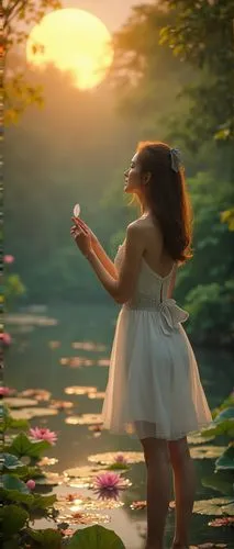 In the center of a lush garden, there is a serene lily pad, filled with colorful flowers. The sun is just beginning to rise, casting a warm orange glow on the leaves of the trees and the surrounding f